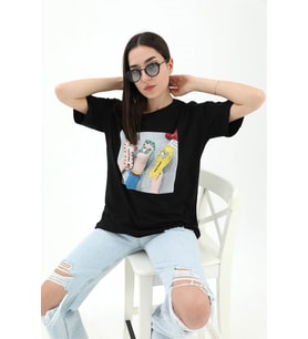 Bisiklet Yaka Terlik Baskılı T-shirt - Siyah