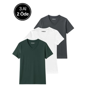 Kadın 3'lü Paket Antrasit-Beyaz-Haki Oversize Tişört %100 Pamuk V Yaka T-Shirt