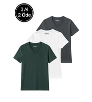 Kadın 3'lü Paket Antrasit-Beyaz-Haki Oversize Tişört %100 Pamuk V Yaka T-Shirt