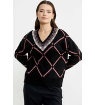 Jakarlı Çok Desenli Yünlü Triko Kazak - Siyah