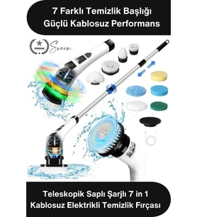 #Fırça Teleskopik Saplı Şarjlı Banyo Mutfak 7 in 1 Kablosuz Elektrikli Temizlik Fırçası Seti USB Şar