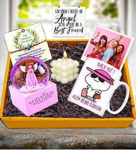 Kişiye Özel Meleğim Kar Küresi & Alem Beybi Görsün Kupa & Bubble Mum Hediye Seti