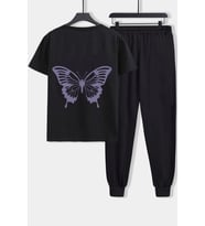 Unisex Butterfly Baskılı 2'li Eşofman Takımı (Siyah)