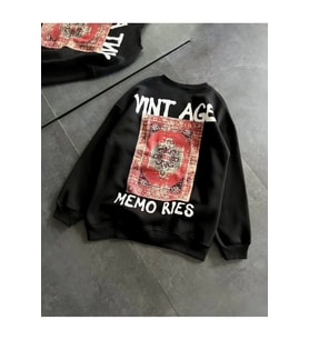 Bisiklet Yaka Üç İplik Baskılı Oversize SweatShirt - Siyah