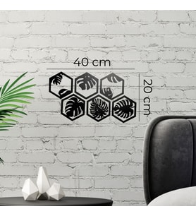 6 Parça Siyah Ahşap Deve Tabanı Bitkisi Desenli Altıgen Duvar Süsü - Modern Dekorasyon, 40x20 cm"