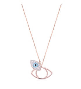 Zirkon Taşlı Rose Altın Kaplamalı Göz Desenli Gümüş Kolye