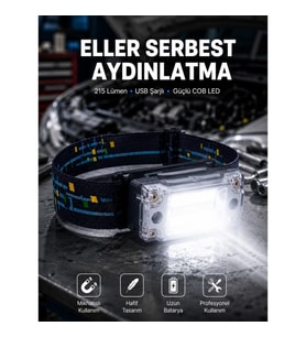 Mey İthalat® Kompakt LED Kafs Feneri USB Şarjlı Manyetik 2 Işık Modlu 215 Lümen Yeni Nesil