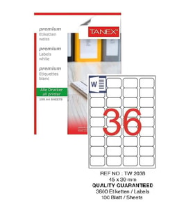 Bilgisayar Etiketi Tw-2036 45x30 mm 100 Lü Lazer Etiket 1 Paket Tanex Davetiye Kargo Koli Kutu Etiketi (Beyaz)