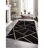 Siyah Gold Geometrik Kaymaz Tabanlı Dekoratif Halı RV161 - 100 x 160 cm