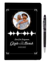 Sevgililer Gününe Özel Fotoğraflı Kişiye Özel Defter Ve Tükenmez Kalem Hediye Seti (Siyah)