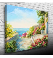 Çiçekli Taş Teras ve Deniz Manzarası Yağlıboya Kanvas Tablo 50 x 70