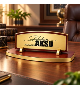 BK Gift Kişiye Özel Ahşap Masa İsimliği Gold Plakalı BK27 -4