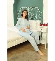 Göğüs Ve Omuz Dantel Detaylı Kadın Hamile Pijama Takımı 1030 (Mavi)