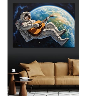 Uzayda Gitar Çalan Astronot Ve Dünya Dekoratif Kanvas - Mdf Ahşap Tablo