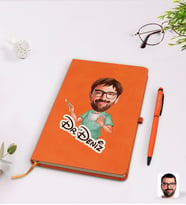 BK Gift Kişiye Özel Erkek Cerrah Karikatürlü Turuncu Termo Deri Defter Kalem Seti Model 1
