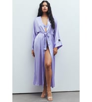 Frappant Lila Uzun Saten Sabahlık / Kimono