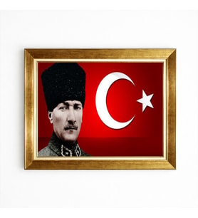 Tablore Prestijli Altın Çerçeveli Kalpaklı Atatürk ve Türk Bayrağı Temalı Duvar Tablosu