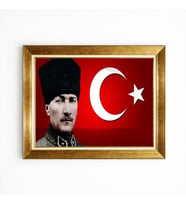 Tablore Prestijli Altın Çerçeveli Kalpaklı Atatürk ve Türk Bayrağı Temalı Duvar Tablosu