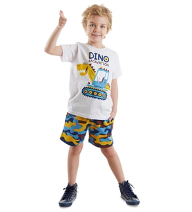 Dino Kazı Erkek Çocuk T-shirt Kamuflaj Şort Takım (Beyaz)