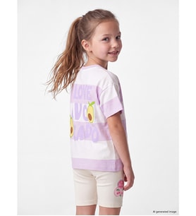 LCW Kids Lila Bisiklet Yaka Çizgili Baskılı Kız Çocuk Tişört