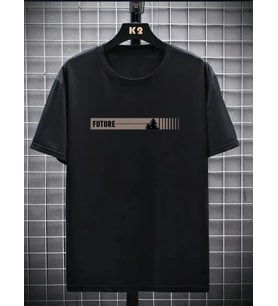 Baskılı Oversize Bisiklet Yaka T-shirt - Siyah