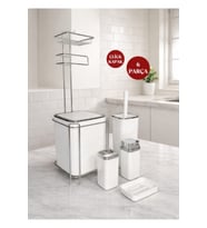 HGY Home Krom Detaylı Kare Yedekli WC Kağıtlık ve 6 Parça Banyo Seti - Kırık Beyaz