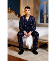 Yılbaşı Desenli Erkek Pijama Takımı Gömlek Yaka Regular Fit %100 Pamuk Fonksiyonel Estetik