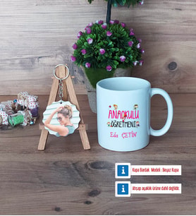 Anaokulu Öğretmeni Kupa Bardak Beyaz ve Fotoğraflı Ahşap Anahtarlık Hediye Öğretmenler Günü Hediyesi (Model 1)