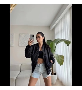 Unisex İçi Astarlı Düz Bomber Ceket - Siyah