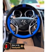 Hyundai Elantra Dikme Direksiyon Kılıfı Parlak Siyah Mavi Detaylı Mavi Çift Yüzük ve Dikiş 2011-2016