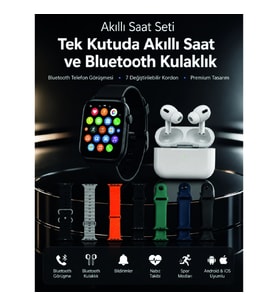 Mey İthalat® 7 Kordonlu Akıllı Saat ve Bluetooth Kulaklık Seti Nabız Takibi, Bildirimler ve Spor Mod