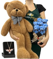 Premium Hediye Seti - Renkli Anka Kuşu Kolyeli, 7'li Ayıcık Buketli ve Kahve Peluş Ayıcıklı Set (Model 5)