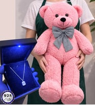 Büyük Boy Pembe Peluş Ayıcık ve Işıklı Kutusunda 925 Ayar Gümüş Kolye (Model 5)