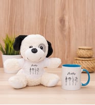 Kişiye Özel Karakalem Çizimli Çiçekler Peluş Köpek ve Mavi Kupa