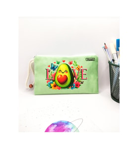 Love Avokado Çiçekli Desenli Kalem Kutusu Yıkanabilir Bez Kalemlik (Yeşil)
