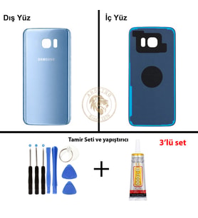 Samsung Galaxy S7 Edge Mavi Renk Arka Kapak + Tamir Seti + B7000 Yapıştırıcı Arka Cam Batarya Kapağı Pil Kapağı Lazer Kesim Back Cover Galaxy S7 Edge Uyumlu