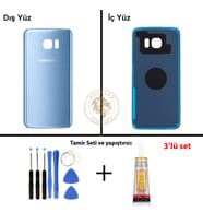 Samsung Galaxy S7 Edge Mavi Renk Arka Kapak + Tamir Seti + B7000 Yapıştırıcı Arka Cam Batarya Kapağı Pil Kapağı Lazer Kesim Back Cover Galaxy S7 Edge Uyumlu