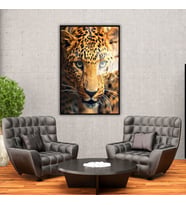 Metal Çerçeveli Temperli Cam Tablo Yakın Çekim Leopar (Siyah)