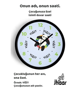 İsme Özel Sevimli Panda Çocuk Odası Duvar Saati Orta Boy 30 cm Siyah Camlı Sessiz