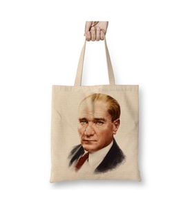 Mustafa Kemal Atatürk 012 Beyaz Bez Çanta Uzun Saplı Alışveriş Çantası Plaj Çantası