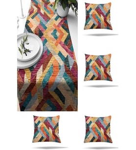 Canlı Renkli Geometrik Bloklu Masa Değişik Ranır Modelleri Dekoratif 4'lü Kırlent Kılıfı Runner Seti, Pembe-Sarı 45 x 45