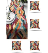Canlı Renkli Geometrik Bloklu Masa Değişik Ranır Modelleri Dekoratif 4'lü Kırlent Kılıfı Runner Seti, Pembe-Sarı 45 x 45