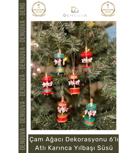 Özel Üretim Ahşap Boyalı Nostaljik Çam Ağacı Dekorasyonu Hediyelik 6’lı Atlı Karınca Yılbaşı Süsü
