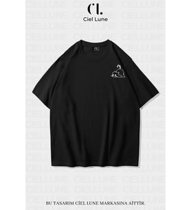 Unisex Kadın Erkek Minimalist Cat Baskılı Özel Tasarım Oversize T-shirt (Siyah)