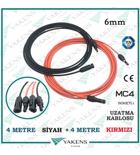 Güneş Paneli Uzatma Kablosu (4m+4m) 8 Metre 6mm Çift Taraflı Hazır Soketli Solar Ara Kablo Siyah Kırmızı (Siyah-Kırmızı)
