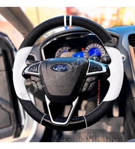 Ford Edge Mk2 Dikme Direksiyon Kılıfı Delikli Deri Parlak Siyah Beyaz Detay Çift Yüzük ve Dikiş 2015-2021