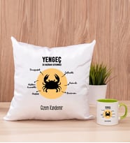 Kişiye Özel Yengeç Burcuna Hediye Kare Yastık ve Yeşil Kupa
