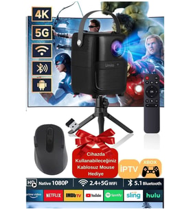 T11 1080P Akıllı Projeksiyon, Android TV, Kablosuz Bağlantı, 4K Uyumlu, Mouse Hediye