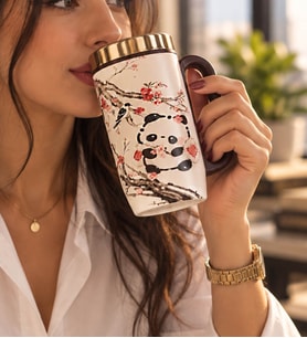 Sevimli Panda Desenli Çelik Termos Bardak Mug