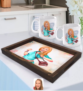 BK Gift Kişiye Özel Kadın Karikatürlü Doğal Ahşap Tepsi ve 2’li Kupa Bardak Seti-52
